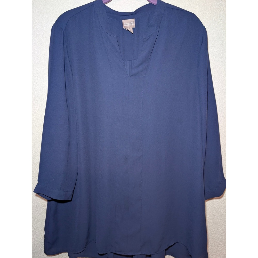 Chico's Tunic Blouse Womens 3 Blue Excellent Pleated Back V-Neck 3/4 Sleeve
